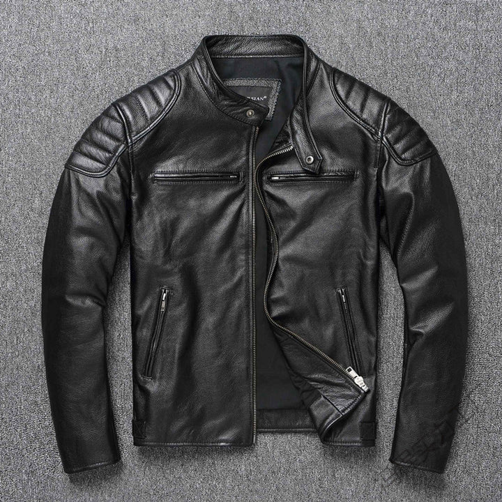 Men's leather jacket in vintage biker style with chest pockets and zipper Mune Fashion