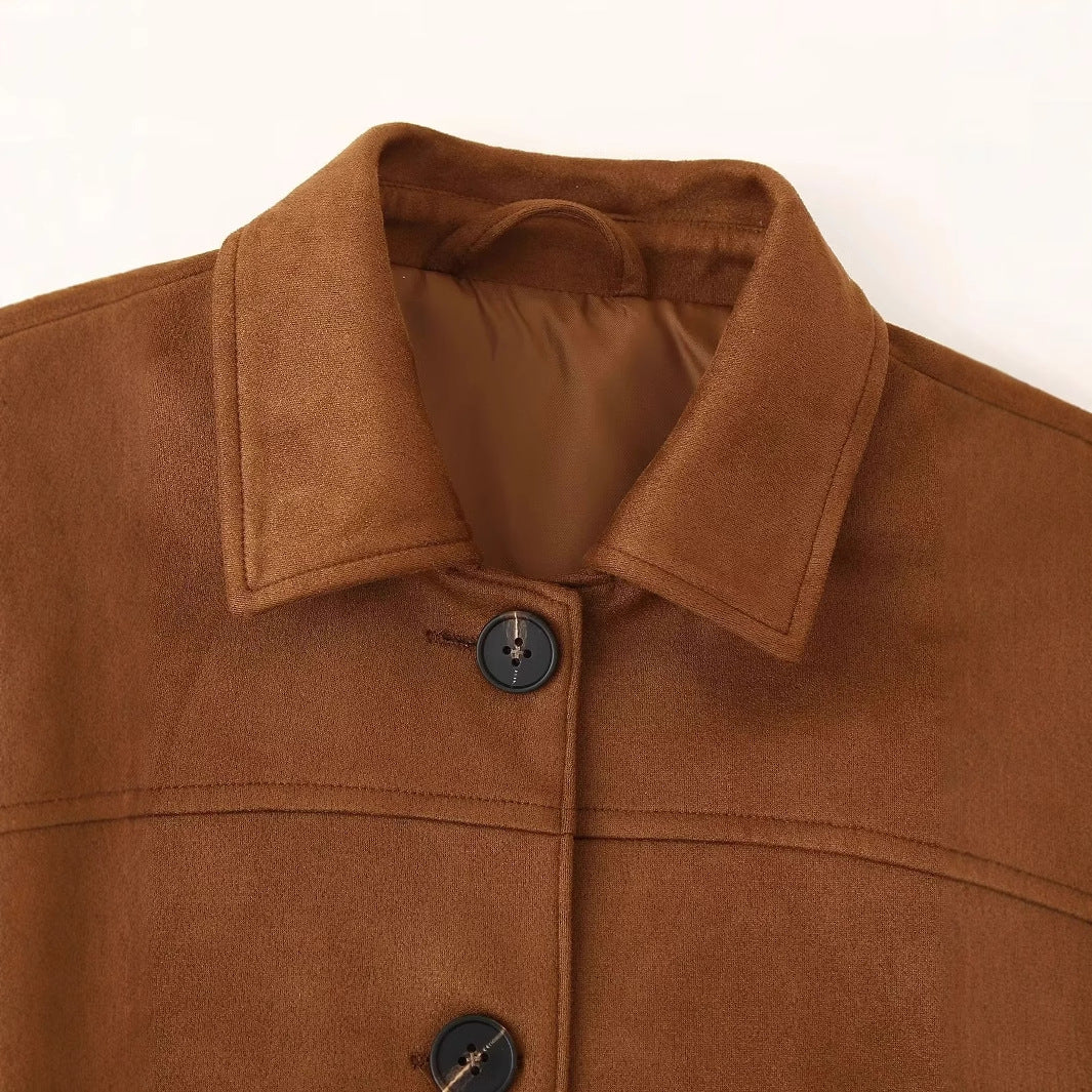 Women's short car coat jacket made of suede imitation with shirt collar and patch pockets Mune Fashion