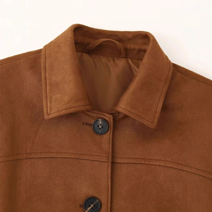 Women's short car coat jacket made of suede imitation with shirt collar and patch pockets Mune Fashion