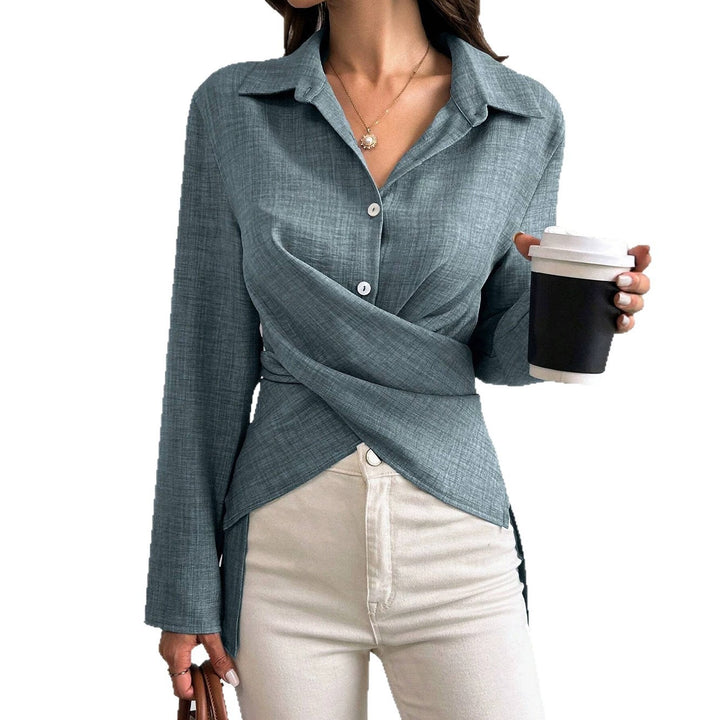 Women's wrap blouse with shirt collar and asymmetrical hem Mune Fashion