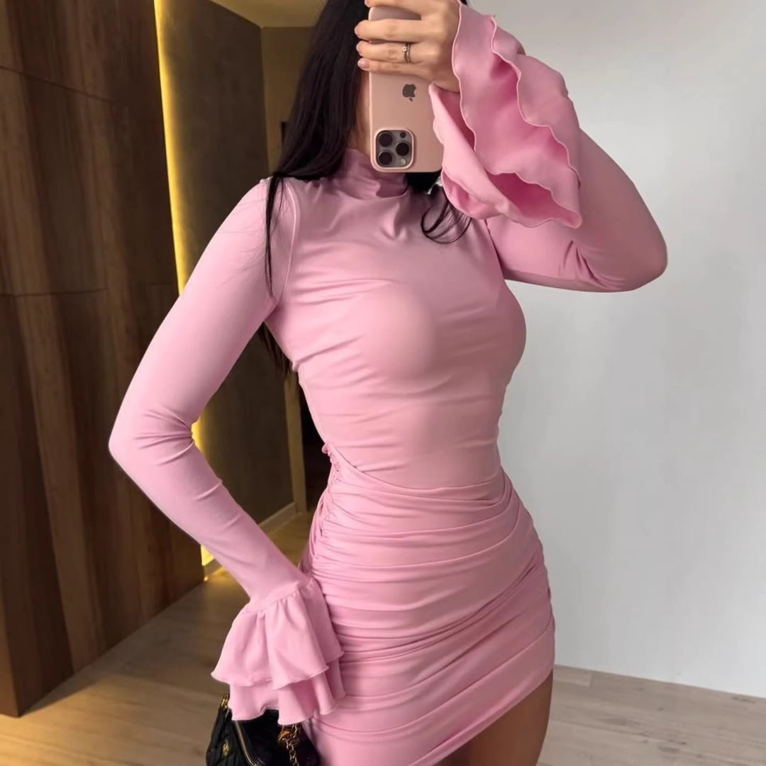 Ladies' fitted mini dress with ruffled flounce sleeves and gathered wrap look Mune Fashion