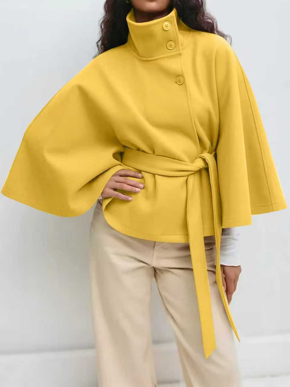 Women's Widely Cut Cape Coat with High Stand-up Collar, Button Placket, and Tie Belt Mune Fashion