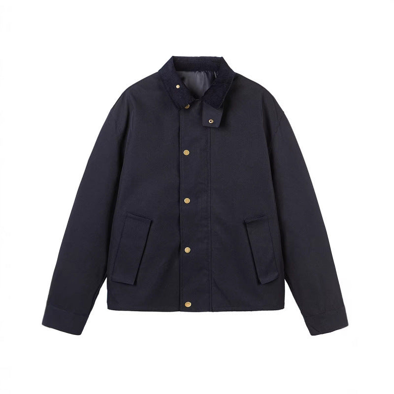 Men's Short Boxy Work Jacket made of sturdy canvas with cord collar and concealed snap button placket Mune Fashion