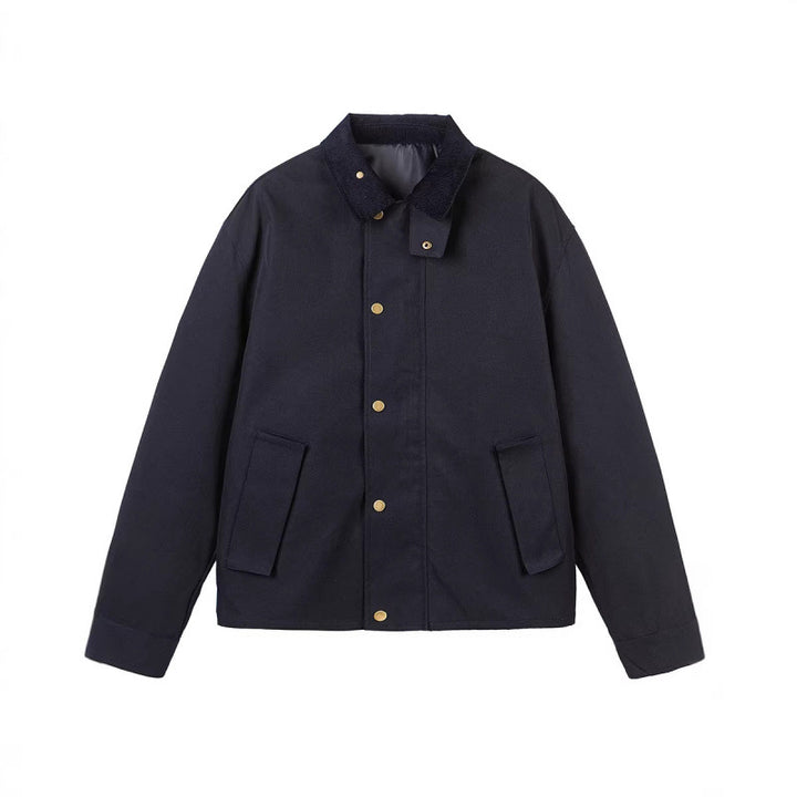 Men's Short Boxy Work Jacket made of sturdy canvas with cord collar and concealed snap button placket Mune Fashion