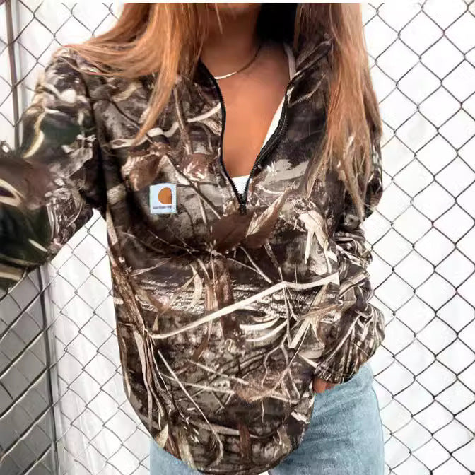 Women Camouflage Half-Zip Fleece Sweatshirt with Hood and Kangaroo Pocket Mune Fashion