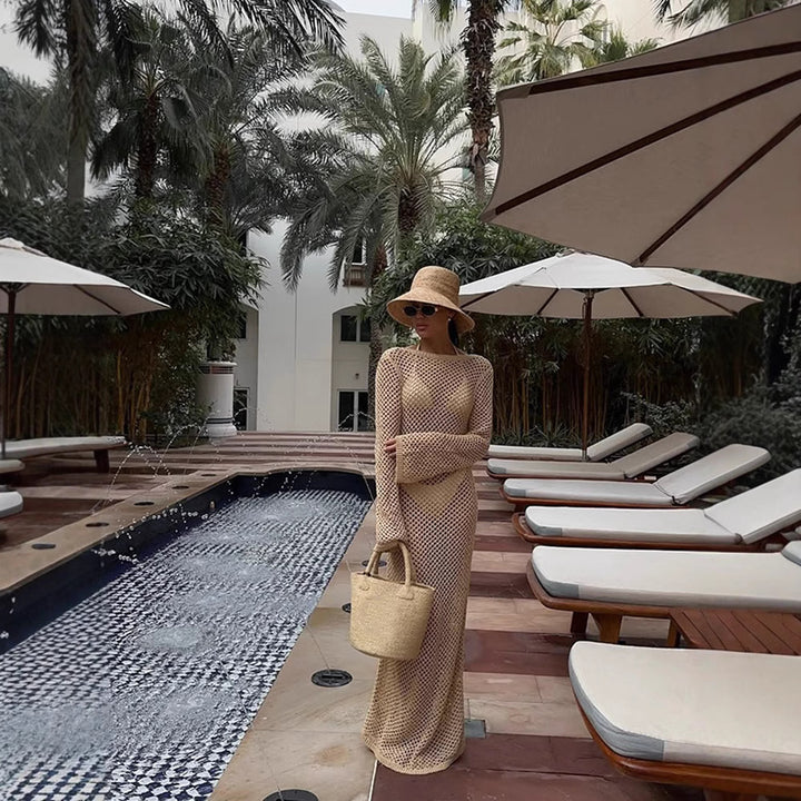Women Open Crocheted Maxi Dress as Beach Cover-Up with Deep V and Long Sleeves Mune Fashion