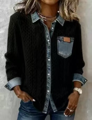 Women's braided knit sweater with integrated denim collar and chest pocket Mune Fashion