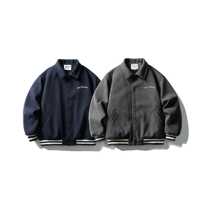 Men's Boxy College Blouson Jacket made of wool blend with snap button closure and striped ribbed cuffs Mune Fashion