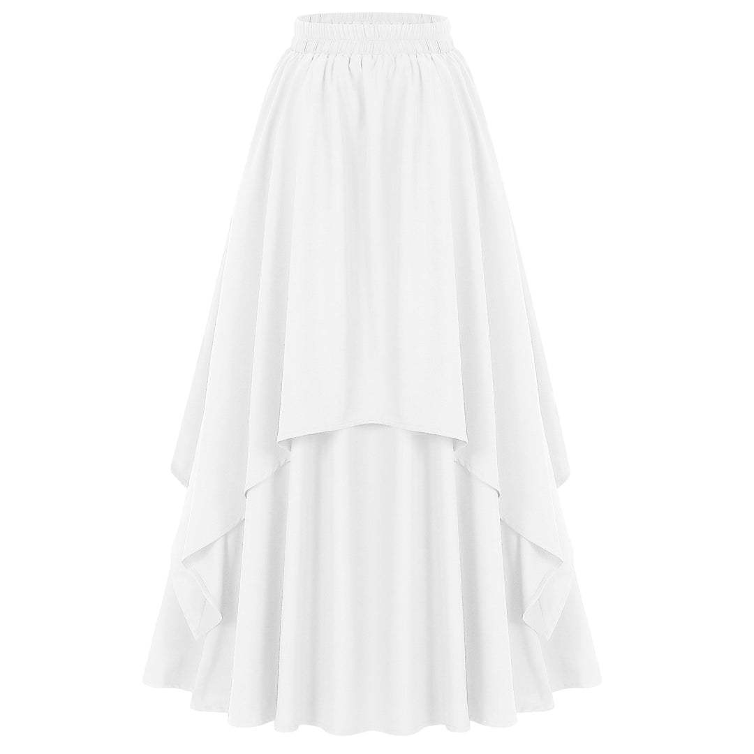 Women's multi-layered chiffon maxi skirt with high elastic waistband and asymmetrical tiered fall.