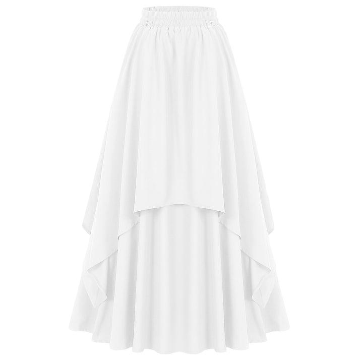 Women's multi-layered chiffon maxi skirt with high elastic waistband and asymmetrical tiered fall.