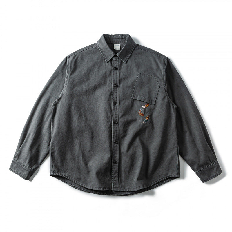 Unisex Oversize Shirt Jacket made of Canvas Cotton Blend with Chest Pocket and Decorative Embroidery Mune Fashion