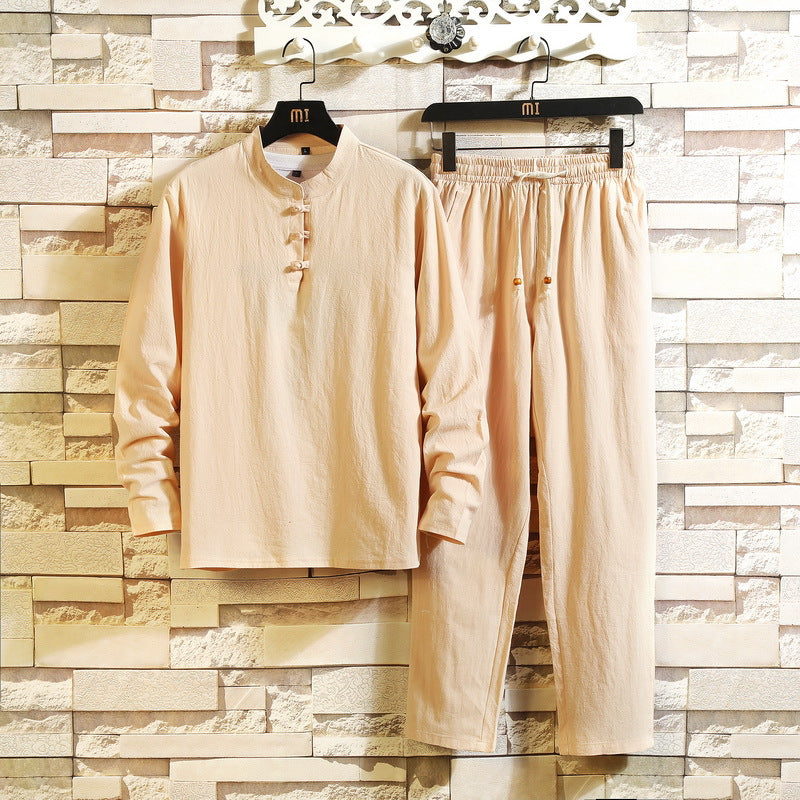 Men's relaxed cotton-linen two-piece with stand-up collar and drawstring Mune Fashion