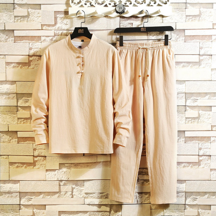 Men's relaxed cotton-linen two-piece with stand-up collar and drawstring Mune Fashion