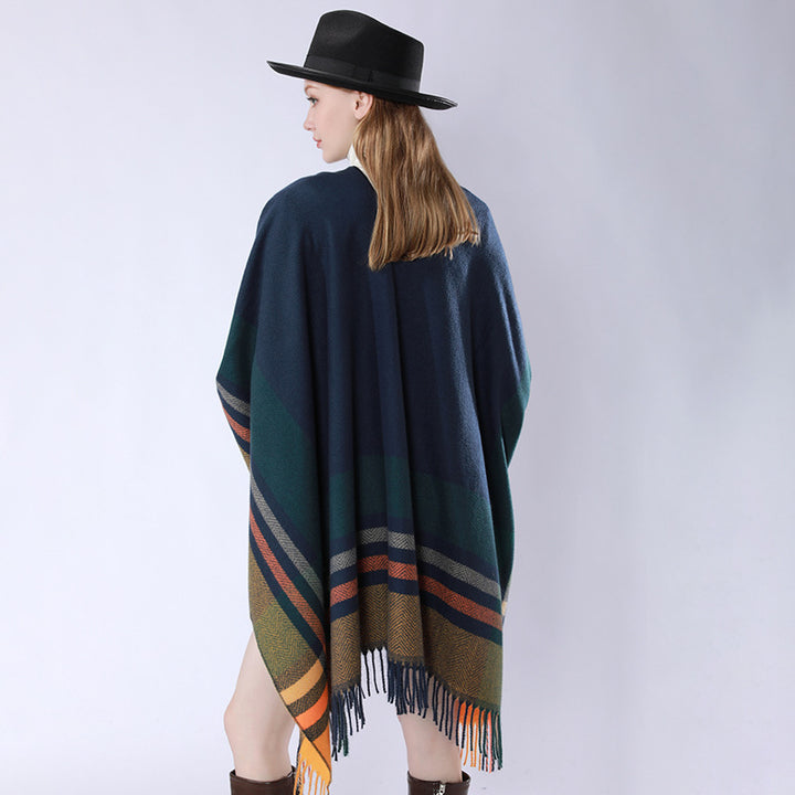 Women's Oversize Poncho Wrap with Drawstring, Check Pattern and Fringe Hem Mune Fashion