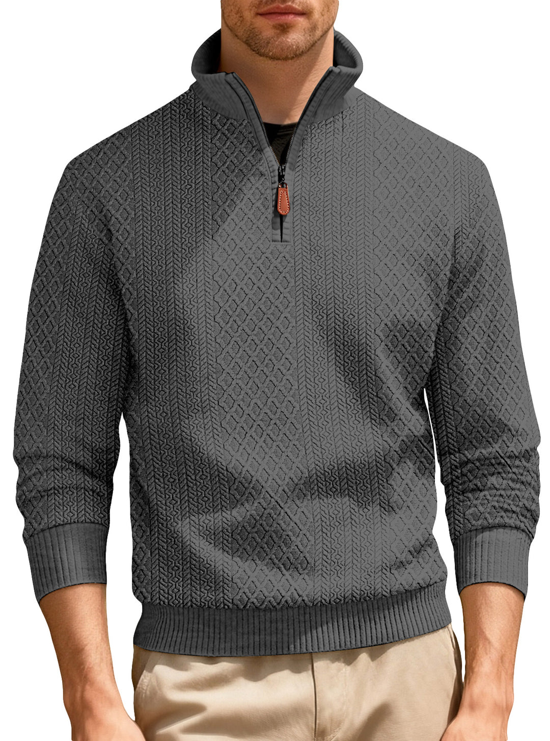Men's half-zip pullover in fine-structured jacquard relief with high stand-up collar and leather zipper Mune Fashion
