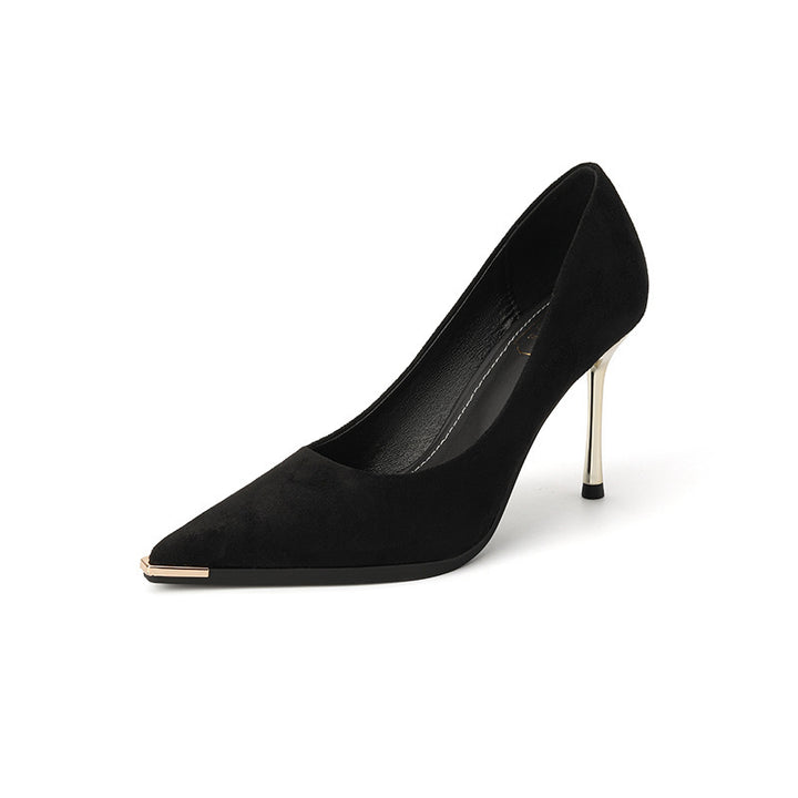 Women's velvet pumps with narrow gold-colored stiletto heel and metal cap detail Mune Fashion