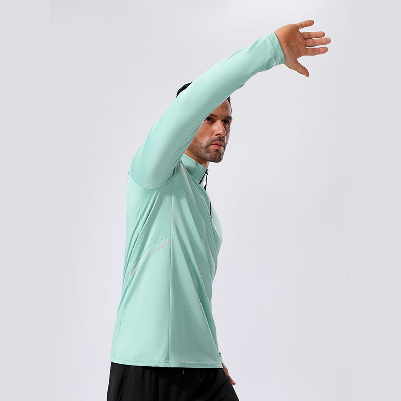 Men's Lightweight Sporty Long Sleeve Polo Shirt with Short Zipper and Stand-Up Collar Mune Fashion