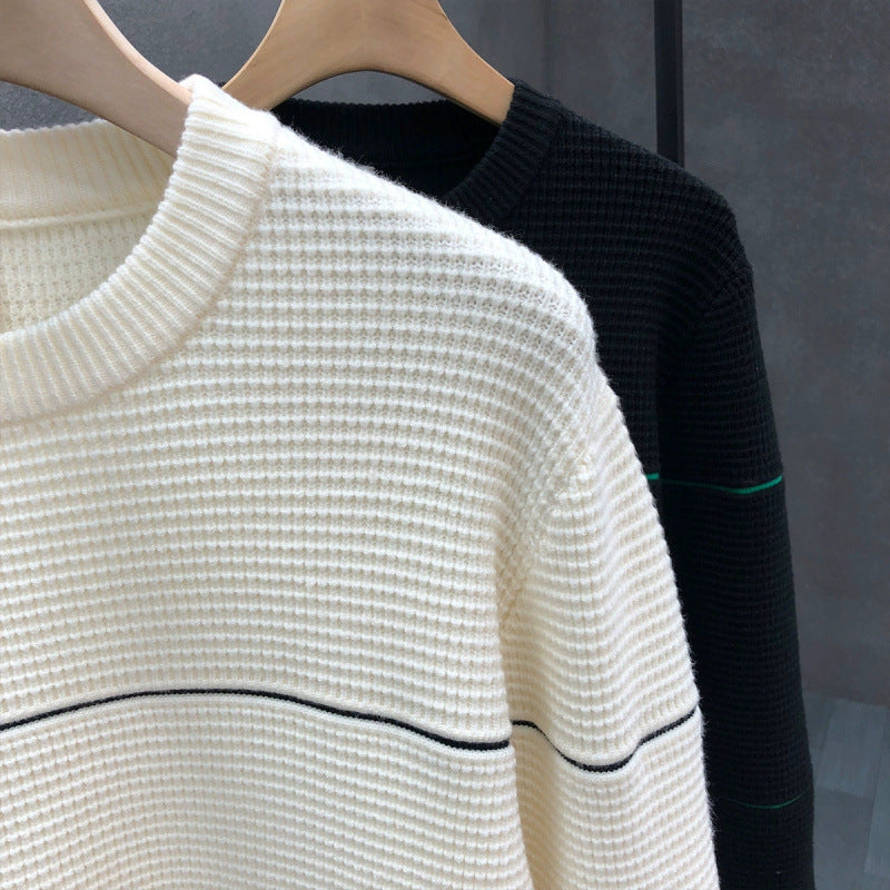 Unisex Structured Waffle Knit Sweater with Fine Contrast Stripes Mune Fashion