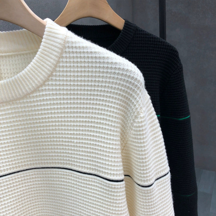 Unisex Structured Waffle Knit Sweater with Fine Contrast Stripes Mune Fashion
