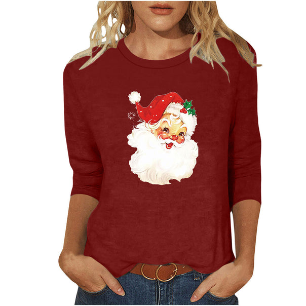 Ladies casual sweatshirt with nostalgic Santa Claus print and three-quarter sleeves Mune Fashion