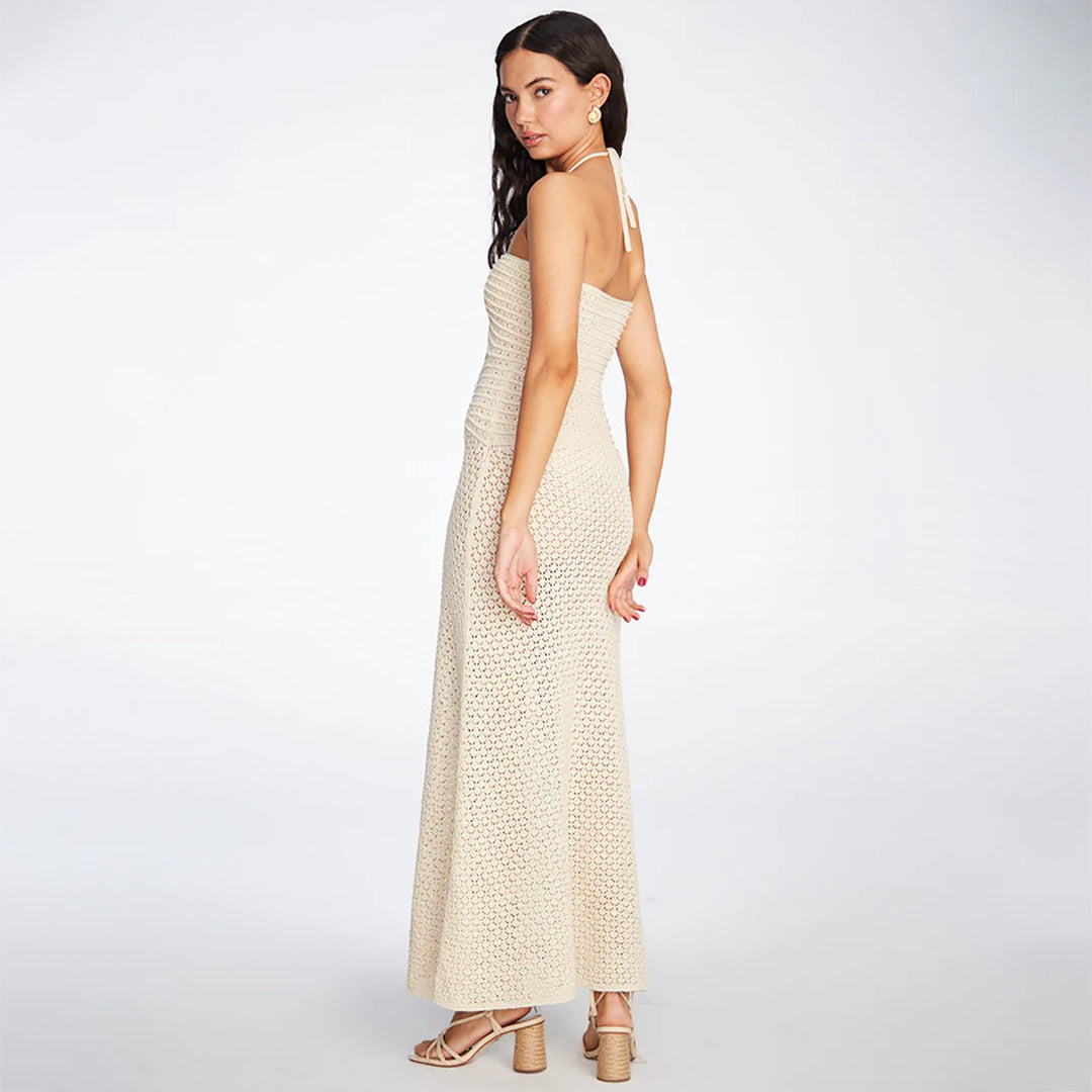 Women's crocheted maxi dress with deep V-neck and side cut-out