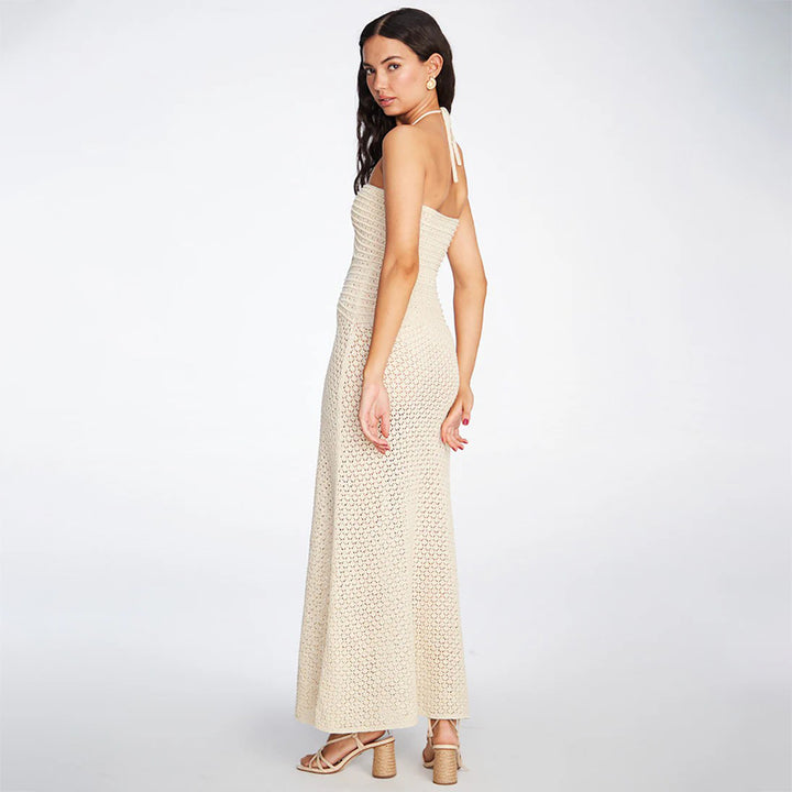 Women's crocheted maxi dress with deep V-neck and side cut-out