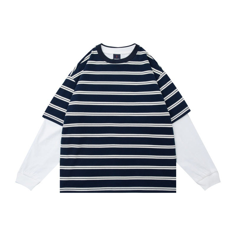 Unisex Layered Look Long Sleeve Shirt with Striped Oversized Top and Inserted Inner Sleeves Mune Fashion
