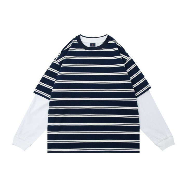 Unisex Layered Look Long Sleeve Shirt with Striped Oversized Top and Inserted Inner Sleeves Mune Fashion