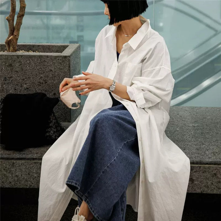 Women Oversize Shirt Dress with Long Hem and Concealed Button Placket Mune Fashion