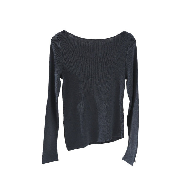 Women Fine Ribbed Knit Long Sleeve with Wide Boat Neck & Side Gathering Mune Fashion