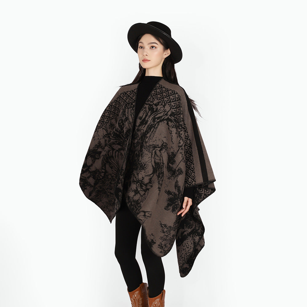 Women's Luxurious Jacquard Pattern Poncho with Asymmetrical Pointed Hem