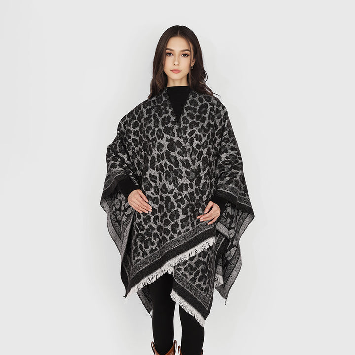 Women Jacquard Cape Poncho with Leo Structure and Fringe Hem Mune Fashion