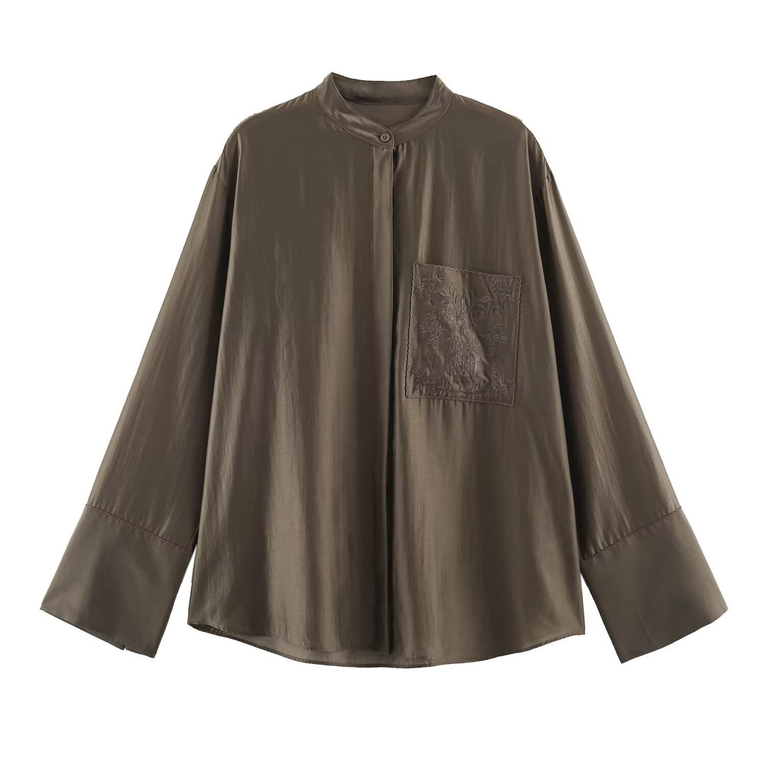 Women Oversized Silk Effect Shirt Blouse with Stand Collar and Embroidered Chest Pocket Mune Fashion