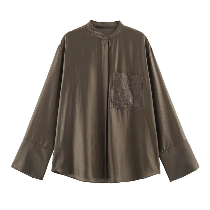 Women Oversized Silk Effect Shirt Blouse with Stand Collar and Embroidered Chest Pocket Mune Fashion