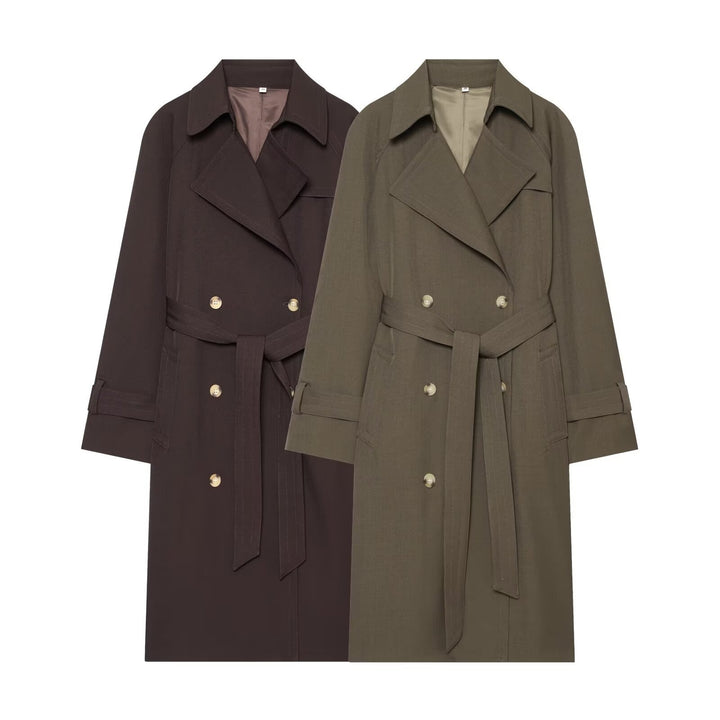 Women Long Double-Breasted Trench Coat with Waist Belt and Raglan Sleeves Mune Fashion