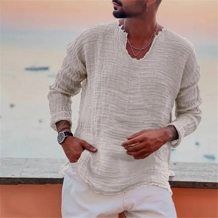 Men's Casual V-Neck Linen Shirt Mune Fashion