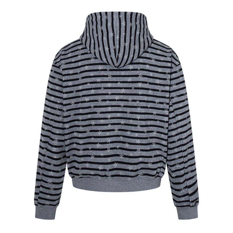Women Casual Hooded Zip Jacket in Striped Jacquard with Star Structure Mune Fashion