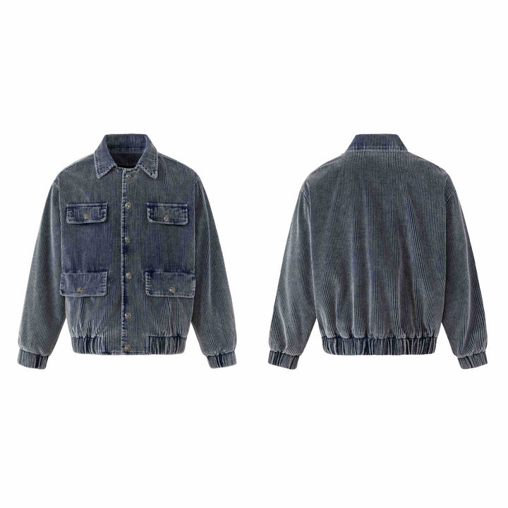 Unisex Short-cut Cord Workwear Jacket in Boxy Cut with Four Flap Pockets and Metal Buttons Mune Fashion