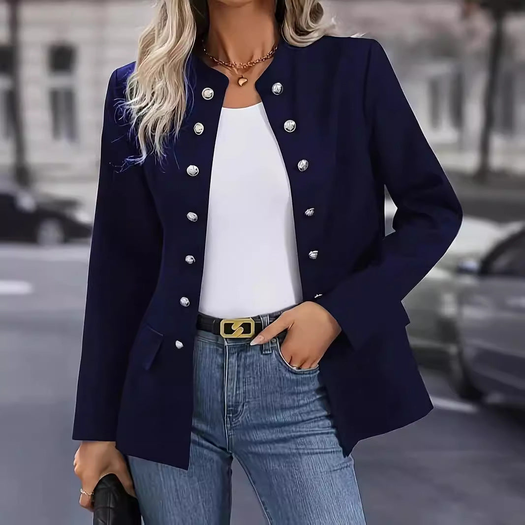 Ladies nan tailored long blazer with standing collar, decorative metal button strip and 3/4 sleeves Mune Fashion