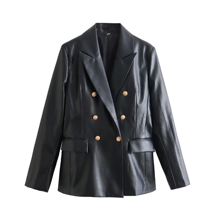 Women's Double-Breasted Faux Leather Blazer with Gold Decorative Buttons and Flap Pockets Mune Fashion