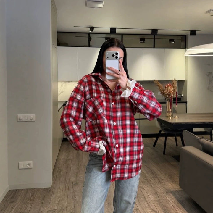 Women Checked Flannel Overshirt with Shirt Collar, Relaxed Fit and Patch Chest Pocket Mune Fashion