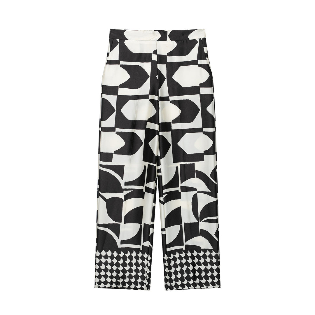 Women's Wide Palazzo Trousers with High Waist, Front Pleat and Graphic Block Print Drune