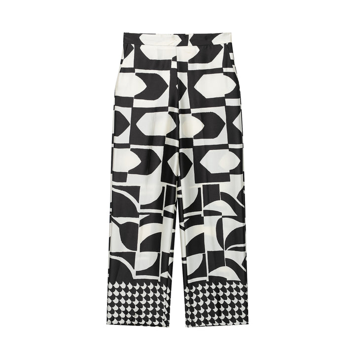 Women's Wide Palazzo Trousers with High Waist, Front Pleat and Graphic Block Print Drune