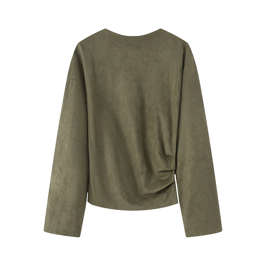 Women's oversized long sleeve shirt with side draping and velvety suede look Mune Fashion