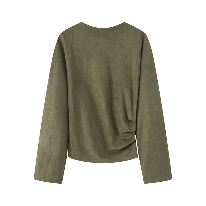 Women's oversized long sleeve shirt with side draping and velvety suede look Mune Fashion