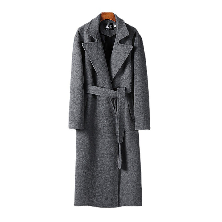 Men's Maxi-Length Wool Blend Coat with Shawl Collar and Tie Belt Mune Fashion