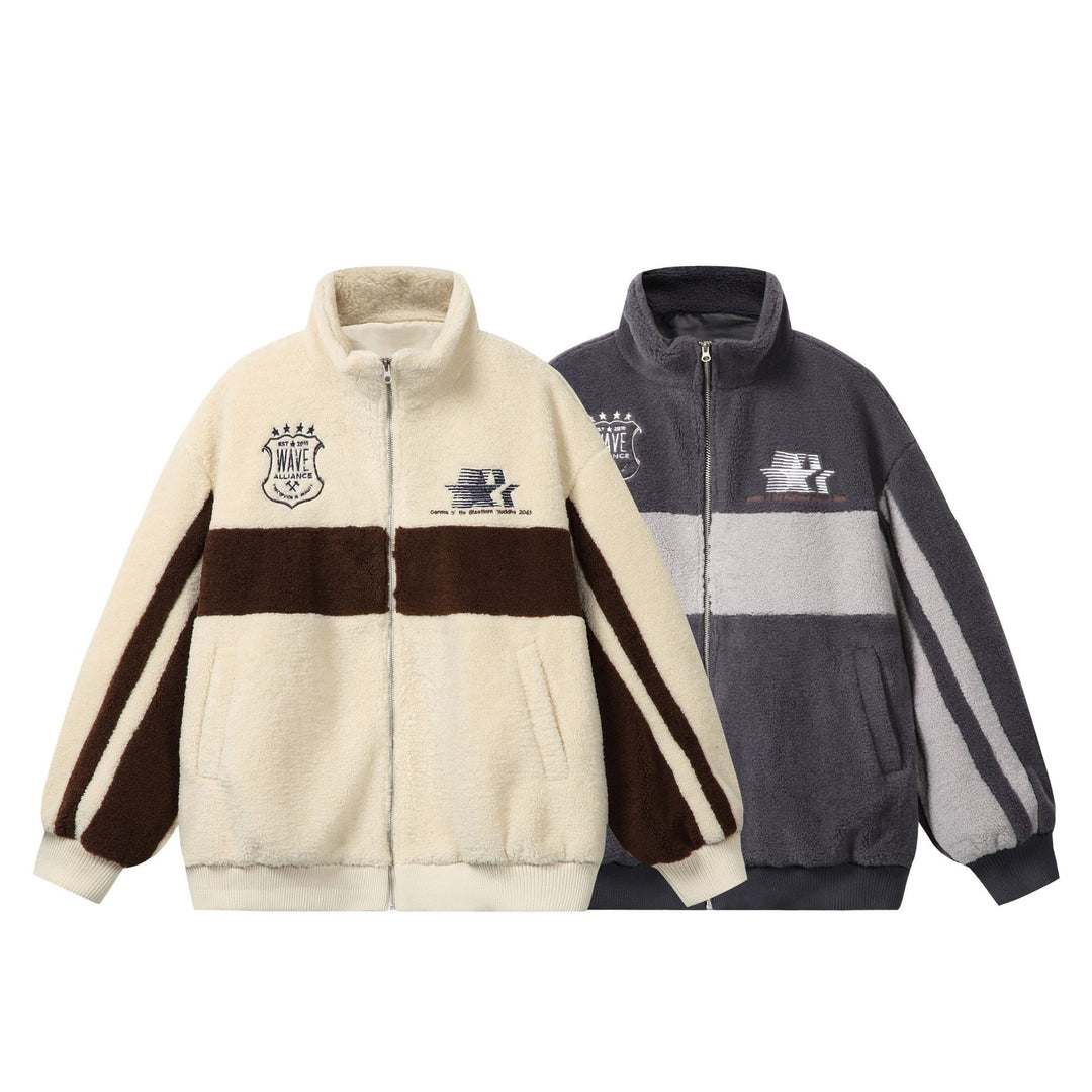 Unisex Sherpa fleece jacket in boxy cut with stand-up collar, block stripes and embroidery details Mune Fashion