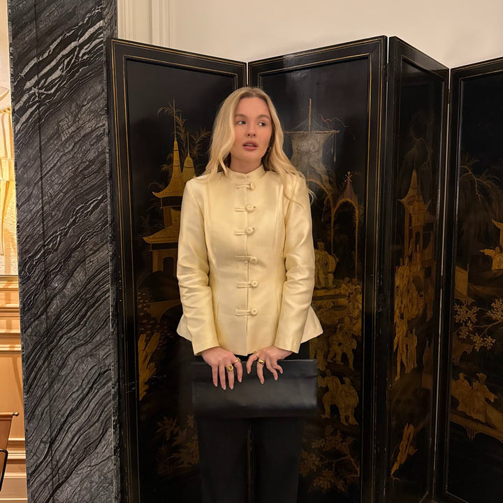 Women's Tailored Satin Blazer with Stand Collar, Decorative Cord Buttons and Peplum Mune Fashion