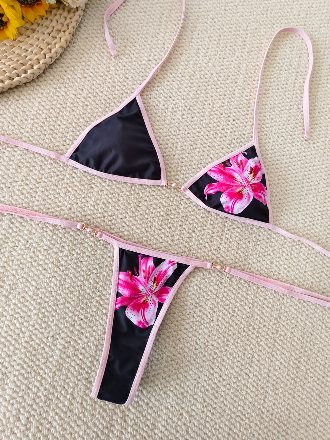 Women Triangle Bikini with Floral Accents and Adjustable Straps Mune Fashion