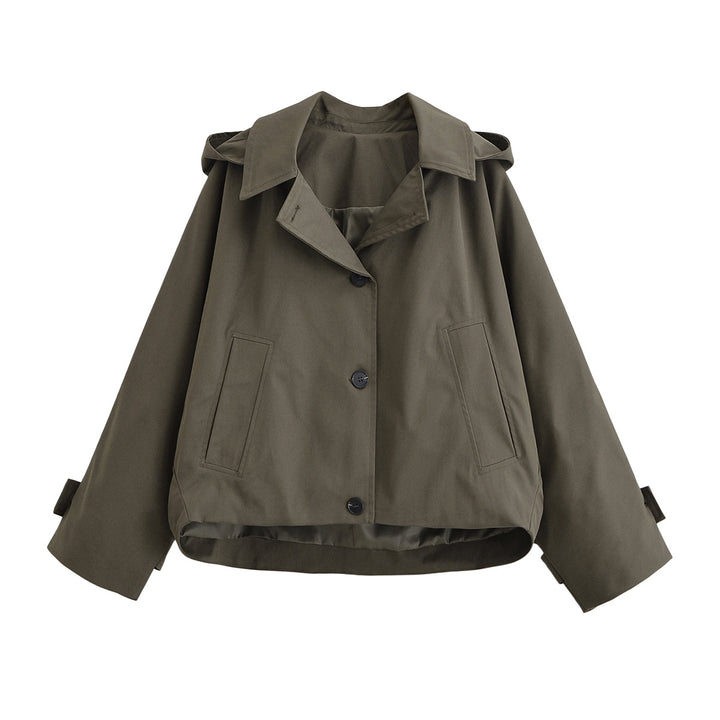 Ladies short trench coat in boxy cut with notch collar and piped patch pockets Mune Fashion